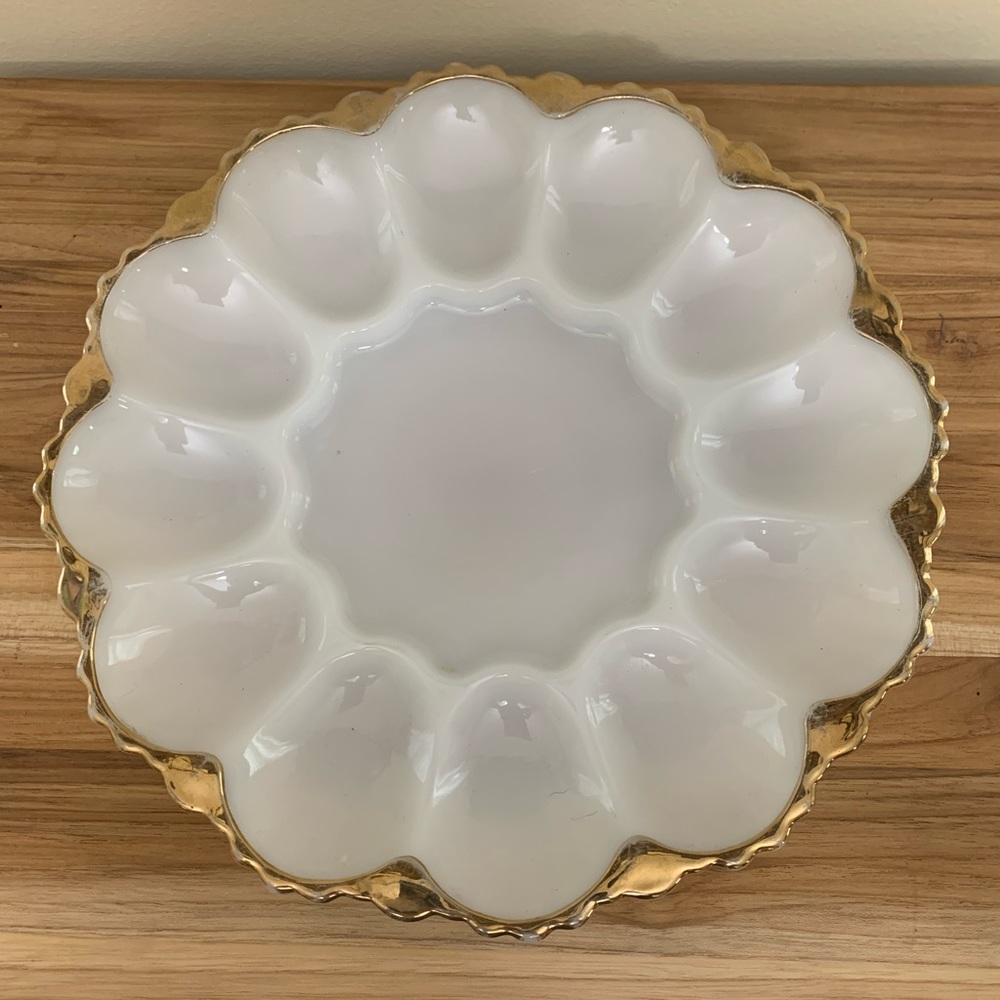 Vintage/Antique Milk Glass Egg Platter with Gold Trim